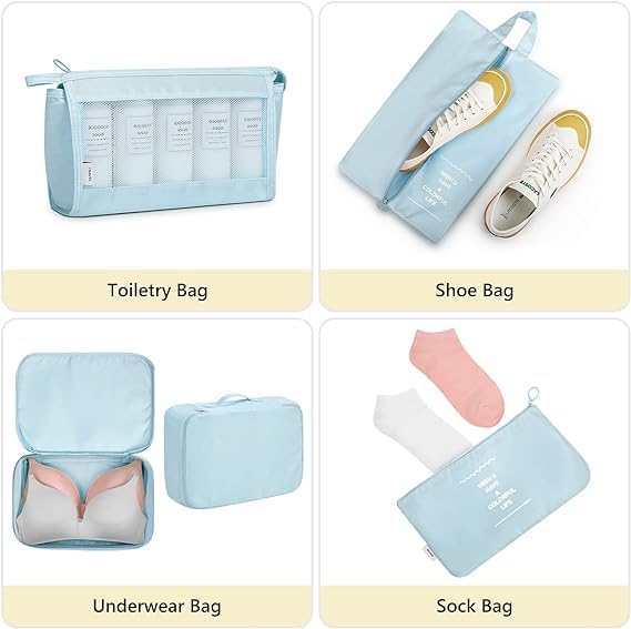 Flyngo Nylon 8 Pcs Travel Organizer Pouch Packing Cubes For Clothes Space Savers Bags Cosmetics/Underwear/Socks/Shoes Toiletry B